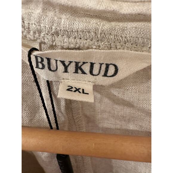 Buykud 2XL Linen Blouse Beige Long Sleeve Embroidered Leaf Oversized Boho Top - Picture 3 of 10